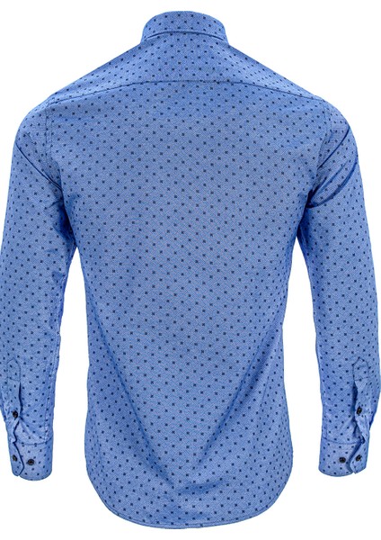 Erkek Slim Fit Mavi Desenli Koldan Katlamalı Erkek Gömlek fırsatları