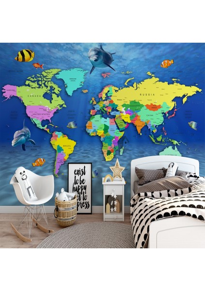 Akvaryum Dünya Haritası Çocuk Odası Duvar Kağıdı Kanvas Tek Parca