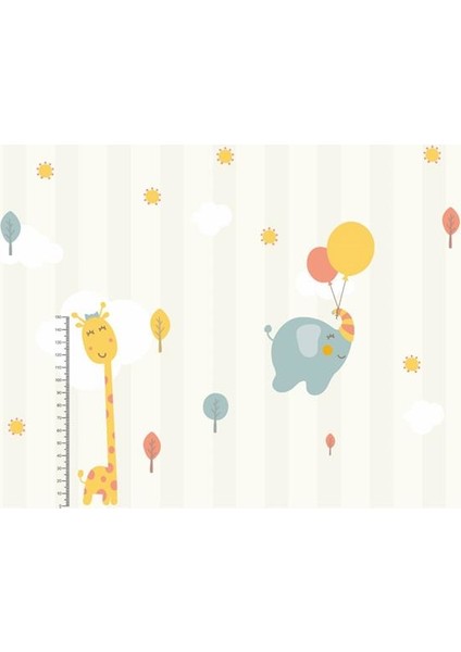 Boy Ölçer Zürafa ve Balonlu Fil Çocuk Odası Duvar Kağıdı Vinil