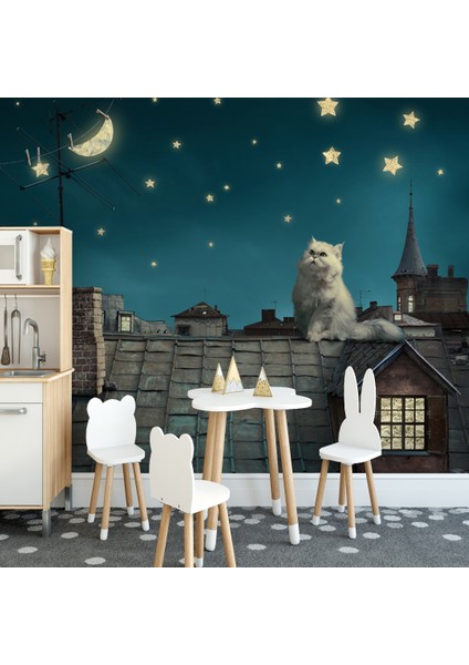 Damdaki Kedi Çocuk Odası Duvar Kağıdı Kanvas Tek Parca