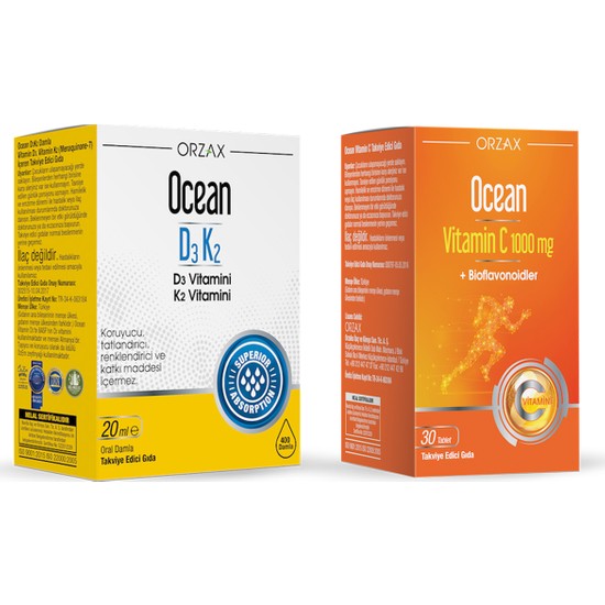 Orzax Ocean D3 K2 Damla 20 ml + Ocean Vitamin C 1000 Mg 30 Fiyatı