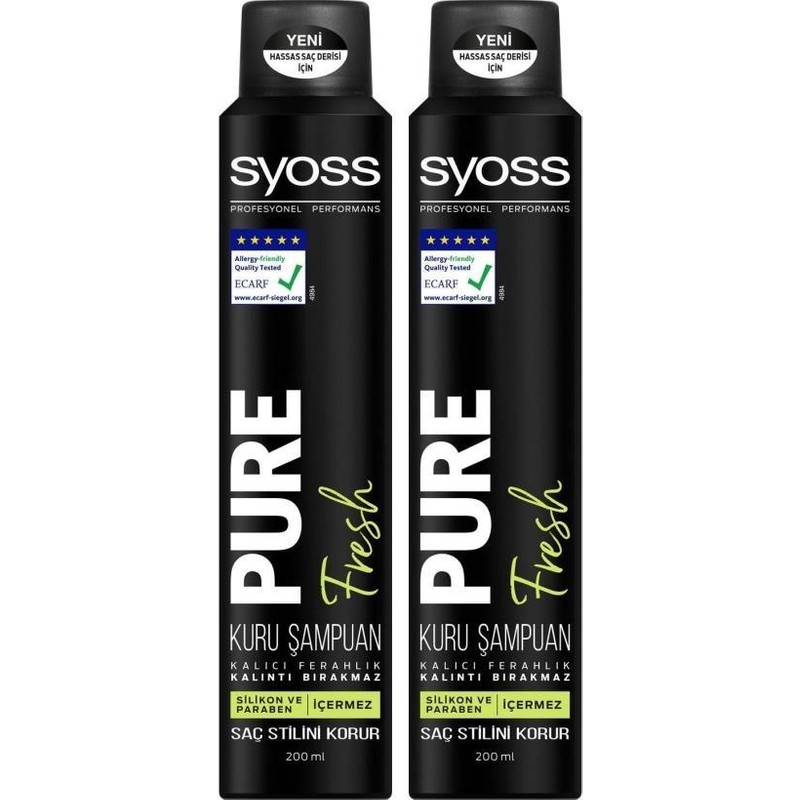 Syoss Pure Fresh Kuru Şampuan 200 ml x 2 – Parabensiz, Canlandırıcı Etkili, Tüm Saç Tipleri İçin İkili Paket