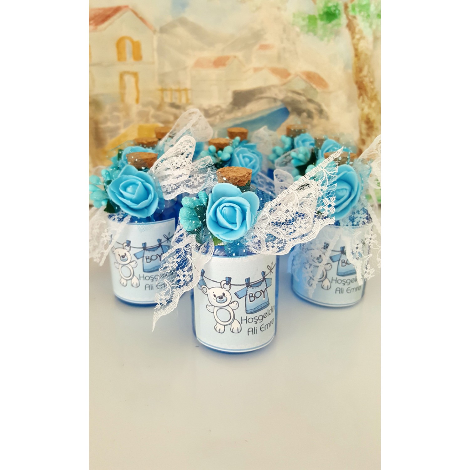 Şirin Hediye Mavi Renk Cam Şişede Bebek Doğum Günü