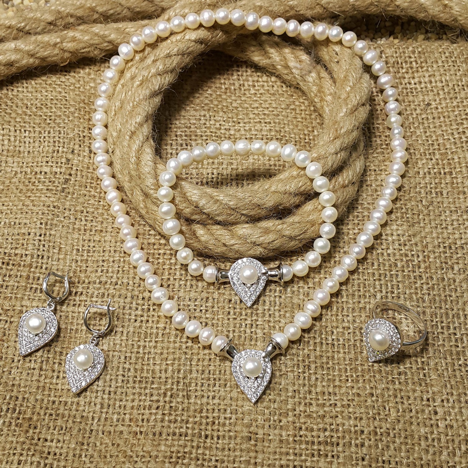 Chavin Damla İnci Gümüş Kolye Küpe Bileklik Yüzük Set dp69