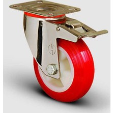 Paslanmaz Inox, Oynak Frenli Tabla Bağlantılı, Burçlu, Poliüretan Hafif Sanayi Tekerleği Çap:100 - Ssem01 Zkp 100F