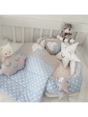 Jaju Baby Mavi ve Gri Yıldız 5 Parça Lüx   Babynest Set