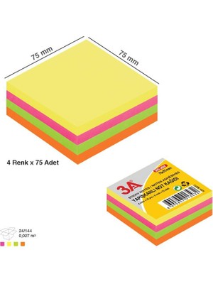 3A Ark 1321 Neon Yapışkanlı Not Kağıdı 76X76 4 R.