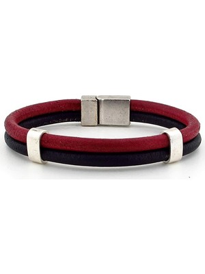 Solfera Bordo Siyah Çift Sıralı Orjinal Deri Erkek Bileklik Bt334