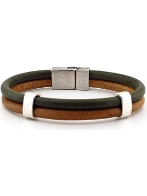 Solfera Haki Yeşil Ve Taba Çift Sıralı Hakiki Deri Bileklik Bt335