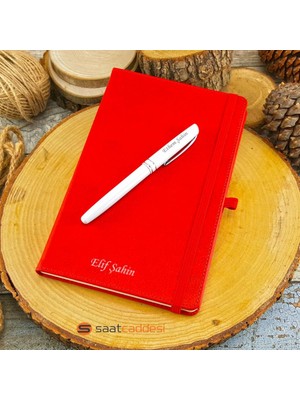 Pigoda İsme Özel Termo Deri Kırmızı Defter Roller Kalem Set