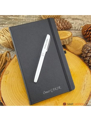 Pigoda İsme Özel Termo Deri Defter Siyah + İsme Özel Kalem Seti