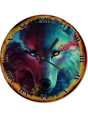 Cakasepetim Mavi Kırmızı Kurt Yüzü Duvar Saati  30 X 30 Cm