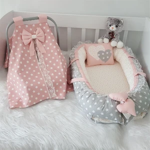 Jaju Baby Gri ve Pudra Kombin Babynest ve Puset Örtüsü 4 Parça Set