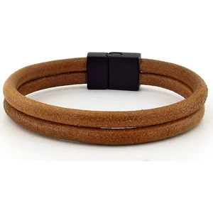 Çift Sıra Taba Gerçek Deri Siyah Klips Erkek Bileklik Bt378