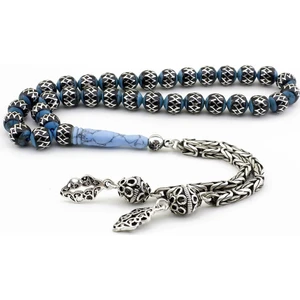 Sıkma Turkuaz ve Oltu Üzerine Gümüş Sarmal Çakmalı Tesbih