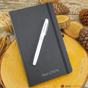 İsme Özel Termo Deri Defter Siyah + İsme Özel Kalem Seti