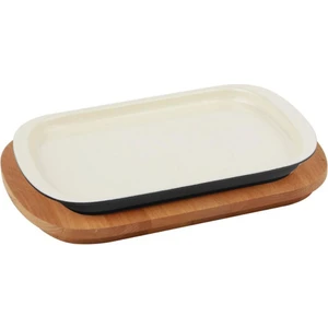 Ahşap Altlıklı Döküm Demir Servis Tabağı 32x20 cm Krem