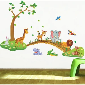 Cosy Home Gift Sevimli Hayvanlar Köprü Ağaç Duvar Sticker Ev Anaokulu Dekor Çıkartması Çocuk Odası Sticker 137X93