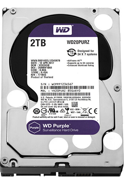 WD Purple 2TB 3,5" SATA III 6Gbit/s 64MB 7/24 Güvenlik Kamerası Diski WD20PURZ