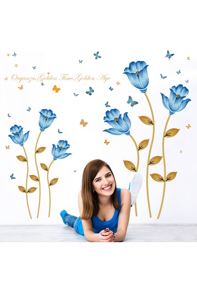 Zooyoo Romantik Sevgililere Mavi Laleler 3D Kelebekler Renkli Görsel Duvar Sticker