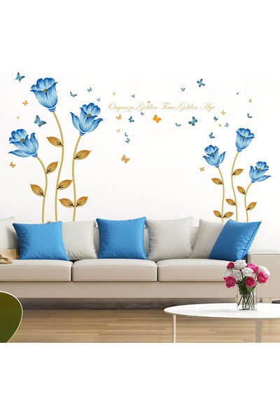 Zooyoo Romantik Sevgililere Mavi Laleler 3D Kelebekler Renkli Görsel Duvar Sticker