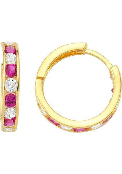 Kırmızı Sırataşlı 14 Ayar Altın Halka Küpe