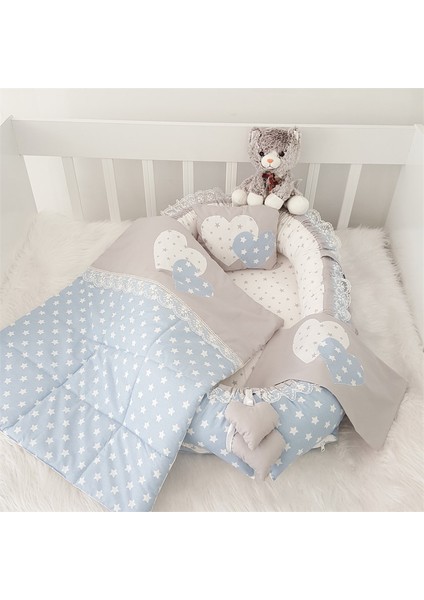 Jaju Baby Mavi Yıldız Gri Kombin Lüx   4 Parça Babynest Set