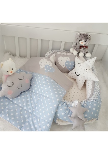 Jaju Baby Mavi ve Gri Yıldız 5 Parça Lüx   Babynest Set