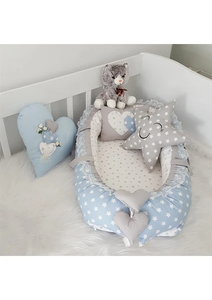 Jaju Baby Mavi Yıldızlı 4 Parça Lüx   Babynest Set