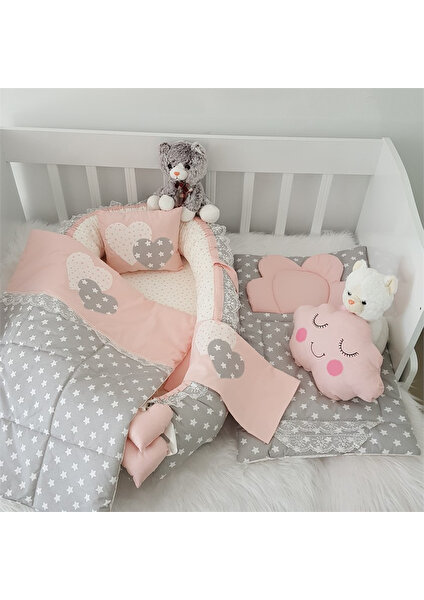 Jaju Baby Gri Pudra Yıldız Desenli Alt Açma ve Lüx   Babynest 6 Parça Set