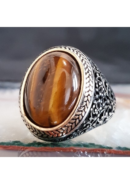 925 Ayar Gümüş Kaplan Gözü Taşlı Oval Erkek Yüzük