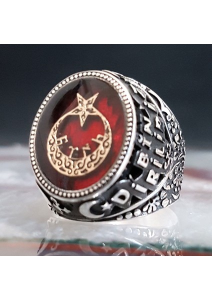 925 Ayar Gümüş Kırmızı Mineli Ayyıldızlı Bir Ölür Bin Diriliriz Yazılı Yüzük