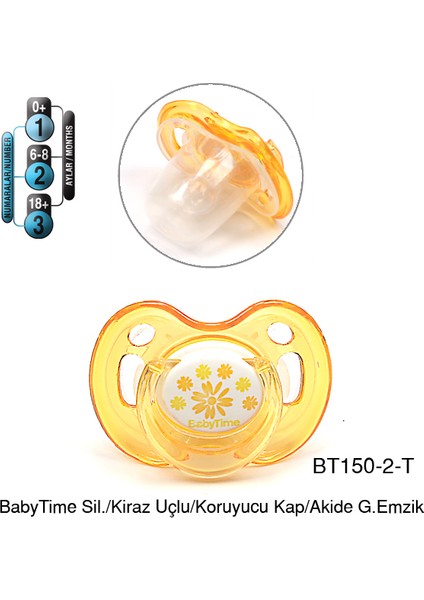 Kiraz Uçlu Koruyucu Kapaklı Akide Gövdeli Desenli Emzik 6-18 Ay - Turuncu