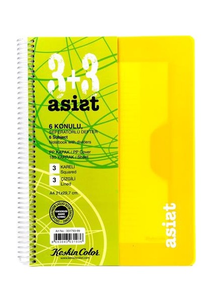 Keskin Color A4 180 Yaprak 3+3 Ayraçlı Plastik Kapak Asist Defter