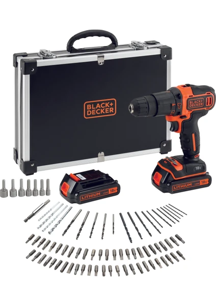 Black & Decker BDCHD18BAFC-QW 18V 1.5Ah Li-Ion Darbeli Vidalama/Matkap,Çift Akü, Çanta, 80 Parça Aks. Seti