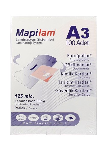 Mapilam 125 Micron A3 303X426 Mm Parlak Laminasyon Filmi 100'Lü