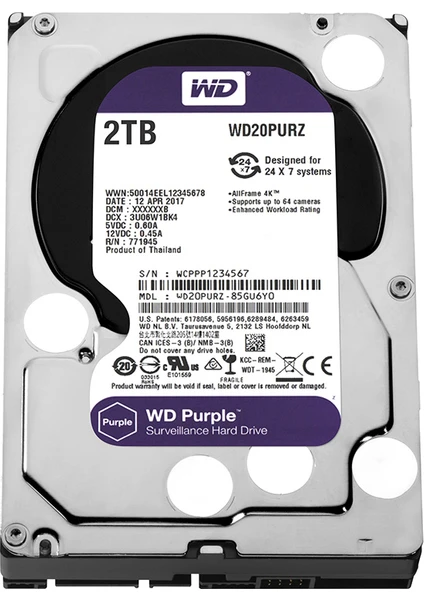 Purple 2TB 3,5" SATA III 6Gbit/s 64MB 7/24 Güvenlik Kamerası Diski WD20PURZ