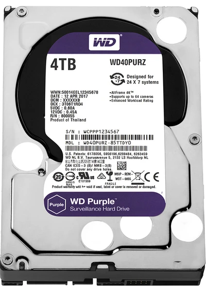 Purple 4TB 3,5" SATA III 6Gbit/s 64MB 7/24 Güvenlik Kamerası Diski WD40PURZ