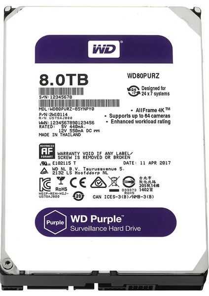 Purple 8TB 3,5" SATA III 6Gbit/s 128MB 7/24 Güvenlik Kamerası Diski WD80PURZ