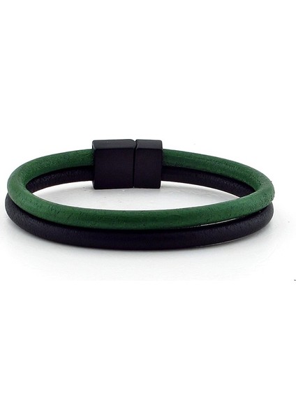 Yeşil Siyah İki Sıralı Deri Erkek Mıknatıslı Bileklik Bt336