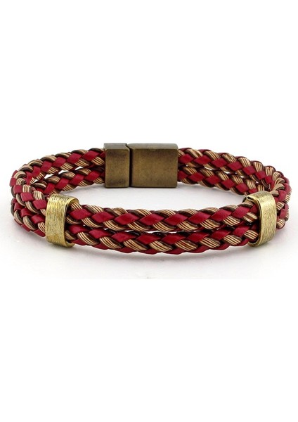 Bordo Kahverengi İki Sıralı Örgülü Erkek Bileklik Bt365