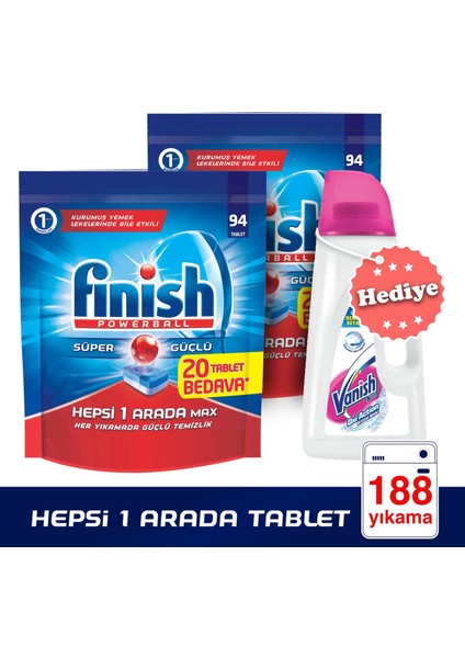 Hepsi Bir Arada 188 Tablet Bulaşık Makinesi Deterjanı (94x2) + Vanish Leke Çıkarıcı 1800 ml