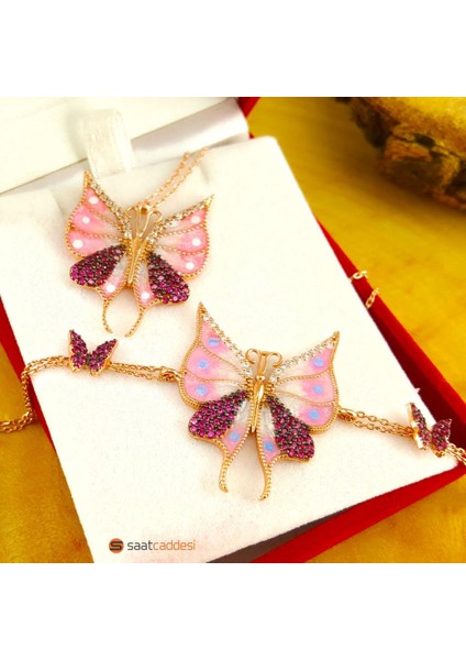 925 Ayar Gümüş Pembe Zirkon Taşlı Kelebek Kolye & Bileklik Seti fiyatları