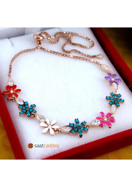 925 Ayar Gümüş Renkli Mineli Çiçek Bayan Bileklik
