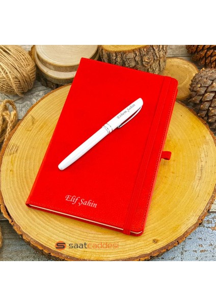 İsme Özel Termo Deri Kırmızı Defter Roller Kalem Set
