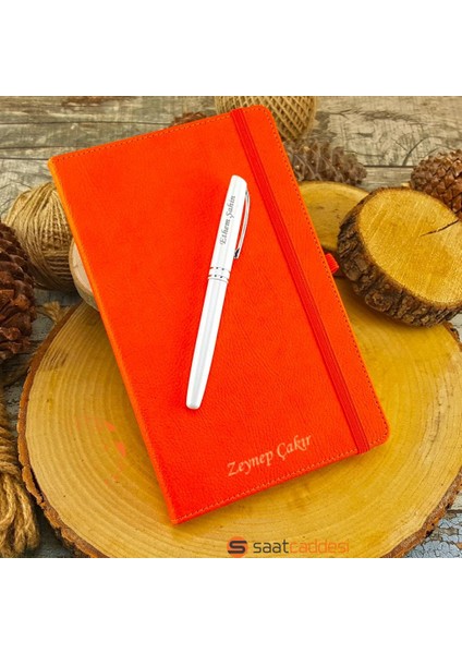 İsme Özel Termo Deri Turuncu Defter Roller Kalem Set