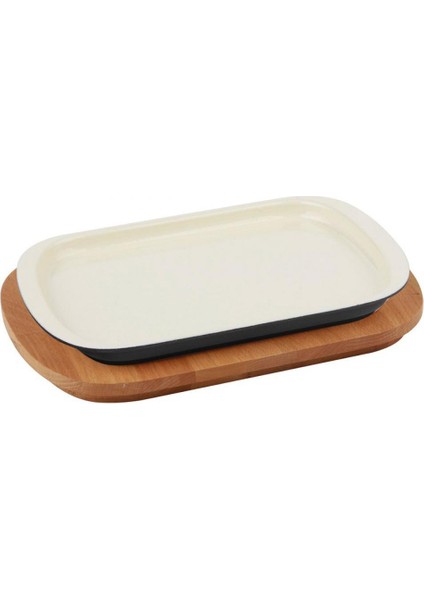 Ahşap Altlıklı Döküm Demir Servis Tabağı 32x20 cm Krem