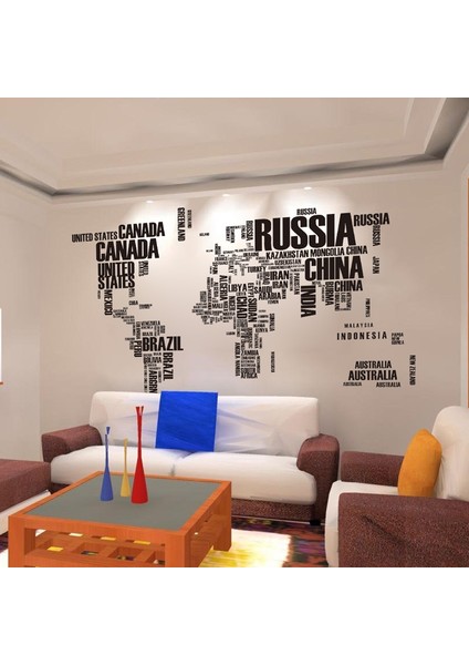 Dünya Haritası Ülke Adları Xxl Duvar Sticker Dünya Ülkeleri Atlas Dekor 190X116 Cm