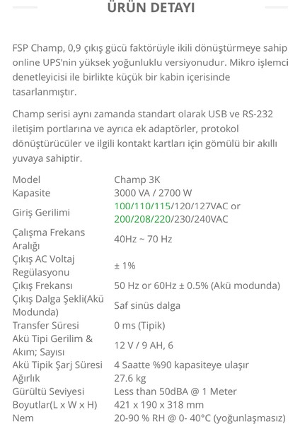 Champ 3K 2700W 3000V Online UPS Güç Kaynağı