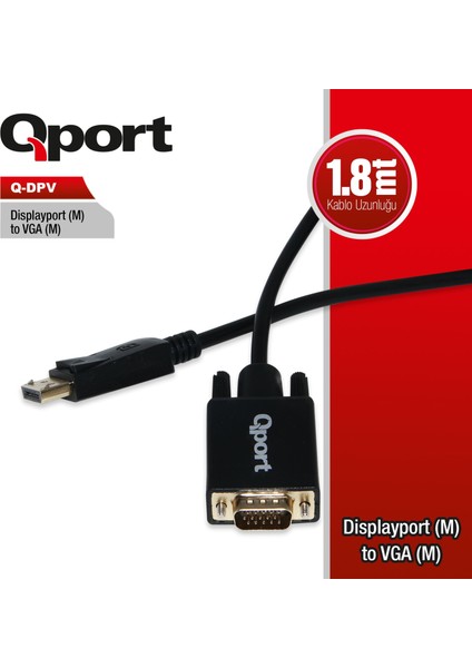 Q-Dpv Dısplay Port(M) To Vga(M) 1.8 Mt Kablo Çevirici Dönüştürücü Q-Dpv